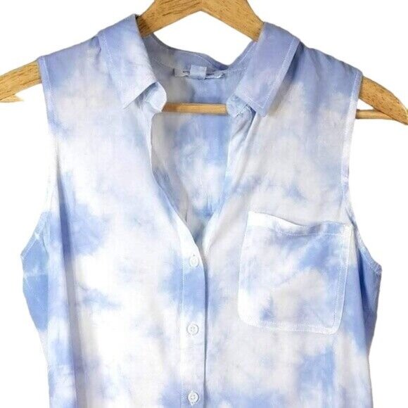 Beach Lunch Lounge Button Top Blue White Small Collar Hi Lo Cloud Sleeveless - Picture 2 of 6